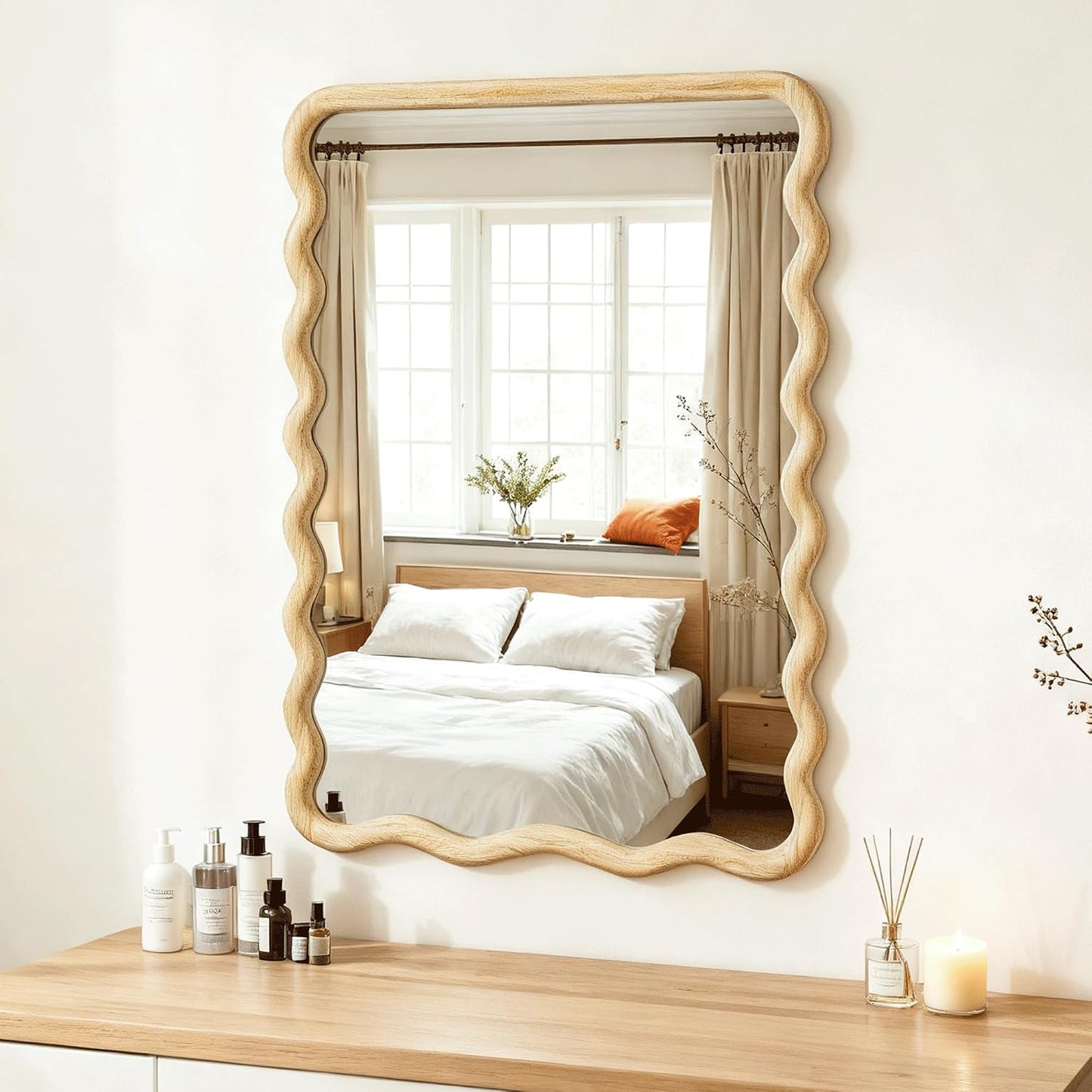 Full Length Mirror, 55"x28" Boho Wavy Wood Floor Mirror, for Bathroom, Bedroom, Living Room, Cloakroom, Entryway