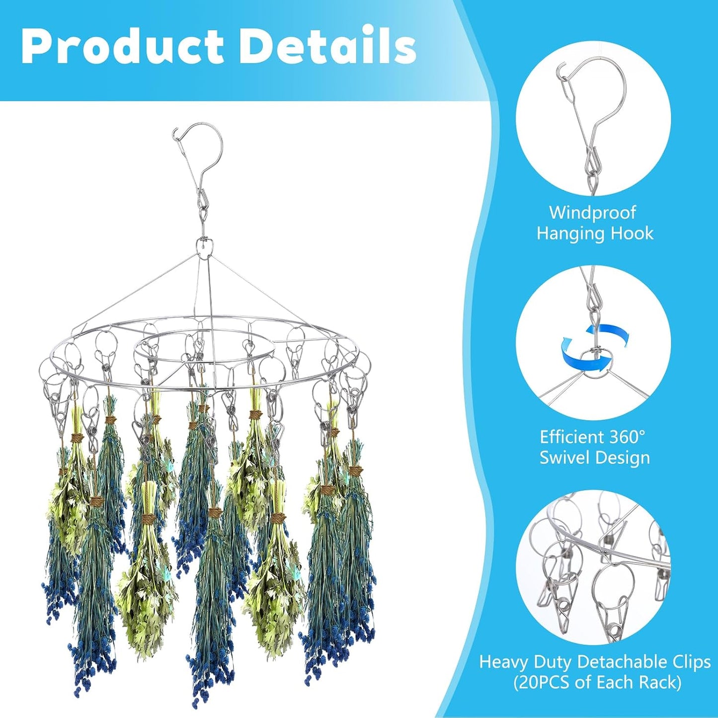 5 Pack Stainless Steel Hanging Drying Rack with Clips - Foldable Laundry & Plant Dryer for Socks, Underwear, Bras, Towels, Spices & Flowers