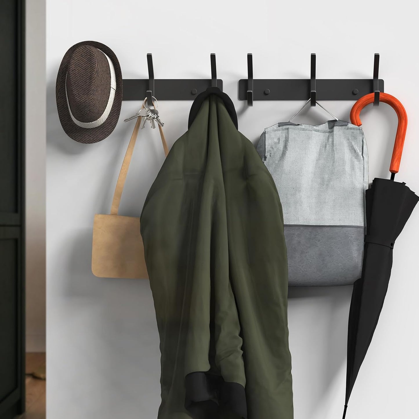 VAEHOLD Black Hat and Coat Wall Mount Rack - 3 Hooks for Robes, Bags, Keys, and Towels - Bathroom Towel Hanger Organizer (1 Pack)