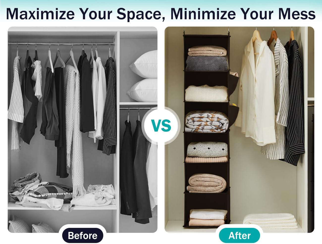 YOUDENOVA Hanging Closet Organizer, 6-Shelf Closet Hanging Storage Shelves, 2 Packs, Grey