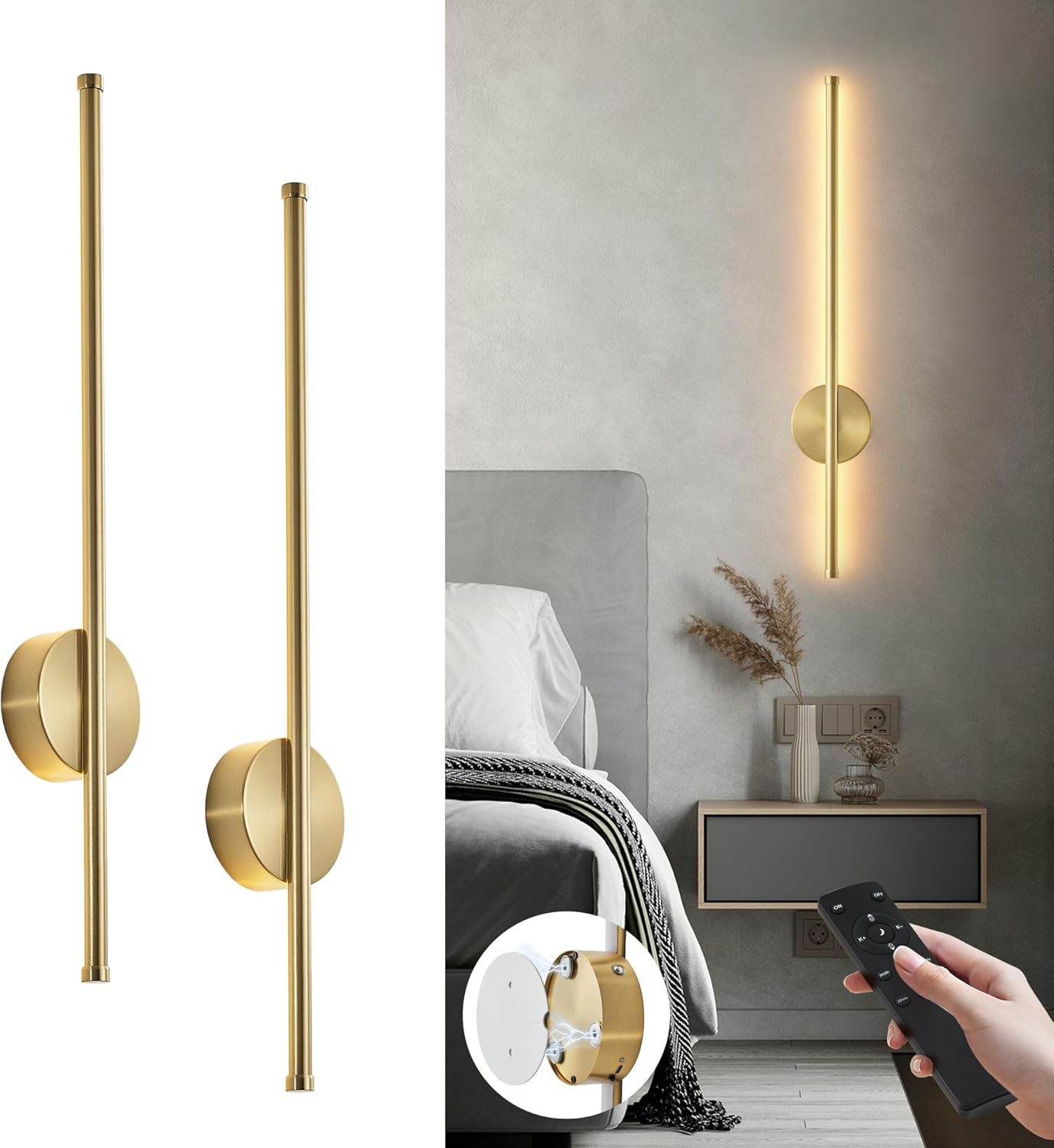 Battery Operated Modern Wall Sconces, Dimmable Wireless Wall Light Set of Two with Remote Control, 3 Color Temperatures, Rechargeable LED Wall Sconce for Bedroom, Living Room, Hallway, 23.6 Inch Brass