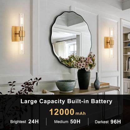 SANTOSTOCK Gold Battery Operated Wall Sconce Set of 2, 12000mAh Rechargeable Wall Lights with Remote Control, Wireless Dimmable Wall Lamps for Bedroom Living Room Bathroom Hallway Stairwell