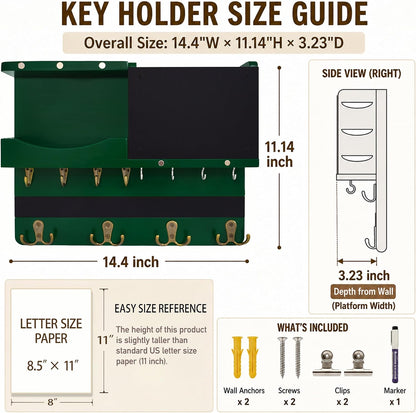 Key Holder for Wall Mount with Shelf and Mail Organizer, Key and Mail Holder with 16 Hooks, Farmhouse Entryway Organizer, Home Decor Rack (Pine Wood, Black)