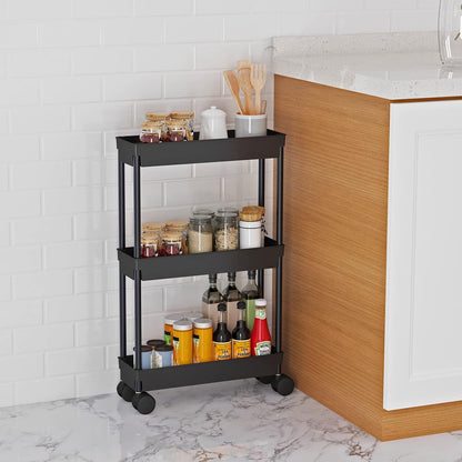 Sooyee 3 Tier Rolling Cart with Wheels, Slim Storage Cart, Under Desk Narrow Rolling Utility Cart Storage Organizer for Office Bathroom Kitchen Laundry Room Narrow Places, White, Plastic and Metal