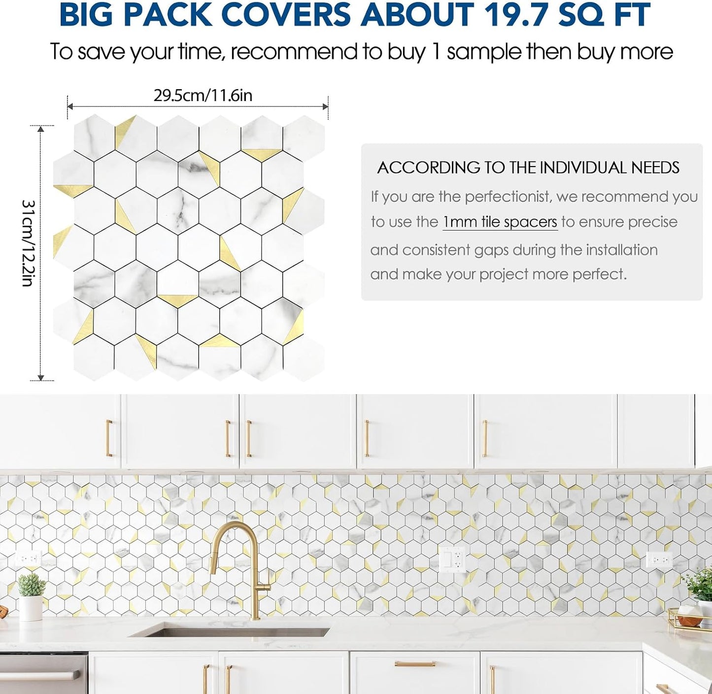 10-Sheet Heavy-Duty Hexagon Peel and Stick Backsplash, Thick Waterproof &Heat Resistant Stick on Wall Tiles, Slate Beige Mosaic for Kitchen & Bathroom, Strong Adhesive Permanent PVC Tiles
