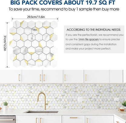 10-Sheet Heavy-Duty Hexagon Peel and Stick Backsplash, Thick Waterproof &Heat Resistant Stick on Wall Tiles, Slate Beige Mosaic for Kitchen & Bathroom, Strong Adhesive Permanent PVC Tiles