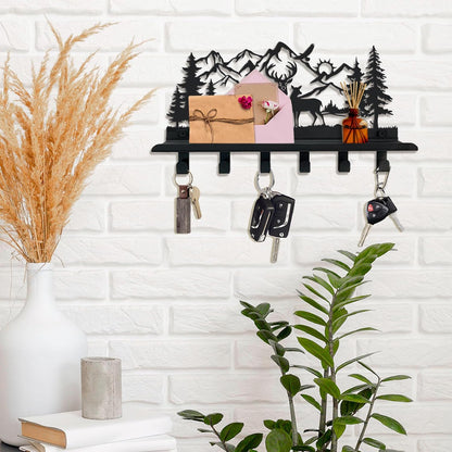 Deer Mountain Metal Key Holder Wall Mount Key Holder for Wall Rustic Cabin Decor Key Rack Hooks Hanger Woodland Wildlife Wall Art Entryway Organizer Housewarming Hunting Gifts