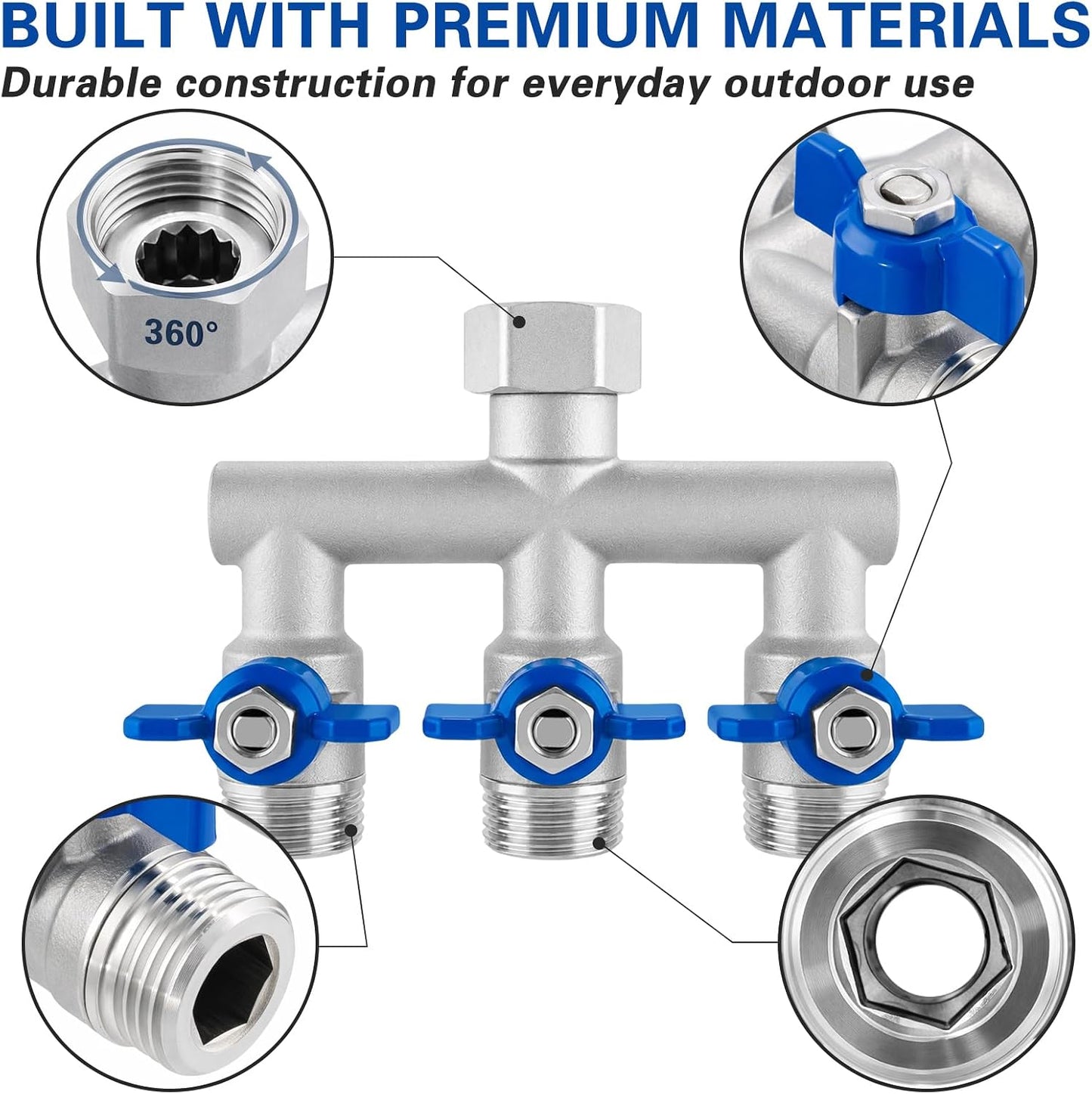 304 Stainless Steel Garden Hose Splitter 2 Way, Heavy Duty 3/4" GHT Y Hose Splitter with Shut-Off Valves, Full Flow Outdoor Faucet Connector with Wrench