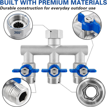 304 Stainless Steel Garden Hose Splitter 2 Way, Heavy Duty 3/4" GHT Y Hose Splitter with Shut-Off Valves, Full Flow Outdoor Faucet Connector with Wrench