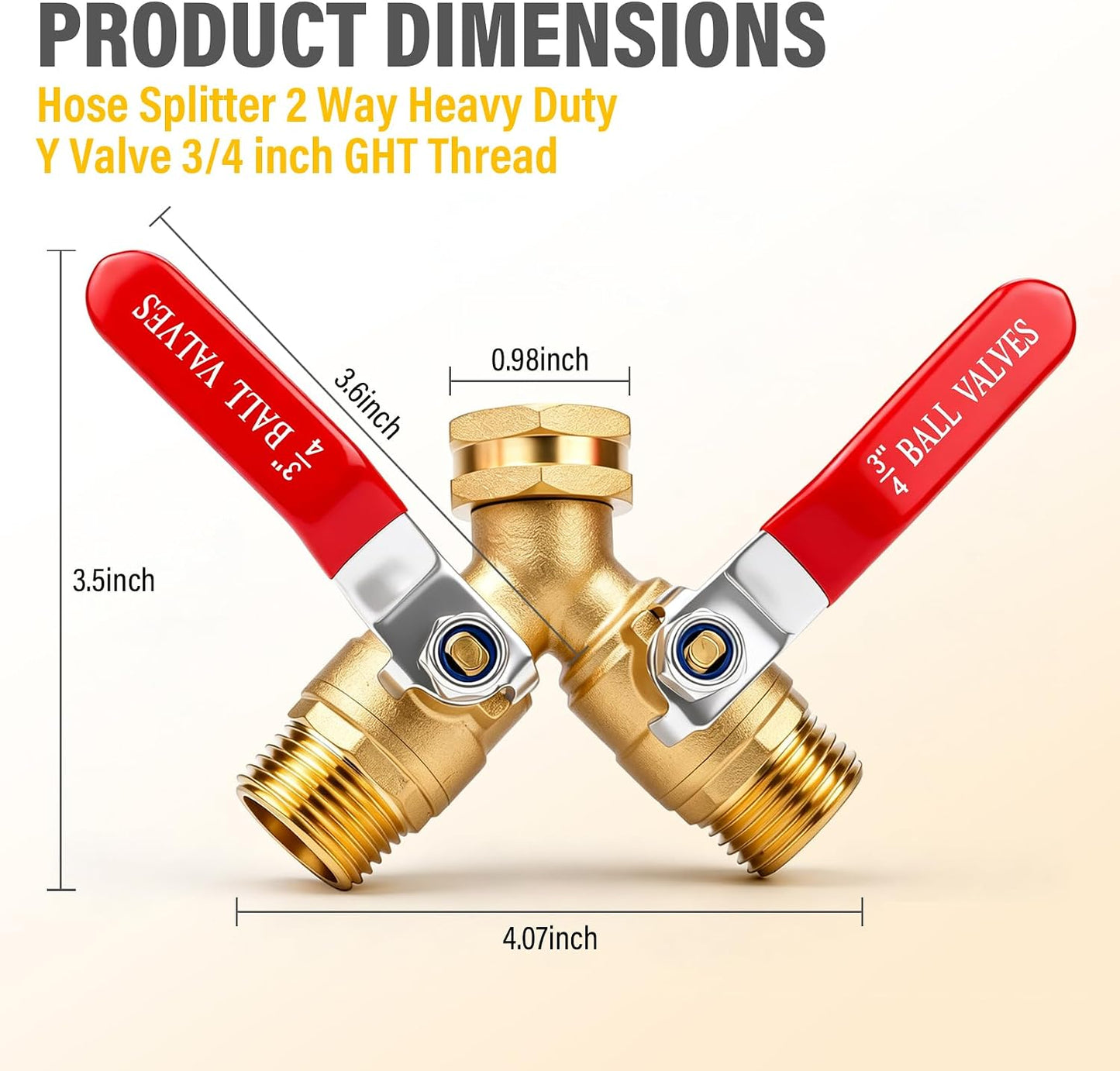 Hose Splitter 2 Way Heavy Duty, Full-Flow Brass Garden Hose Splitter with 304 Stainless Steel Long Handle, 3/4" GHT Faucet/Spigot/Hose Bib Connector, Outdoor Water Hose Splitter with Shutoff Valves