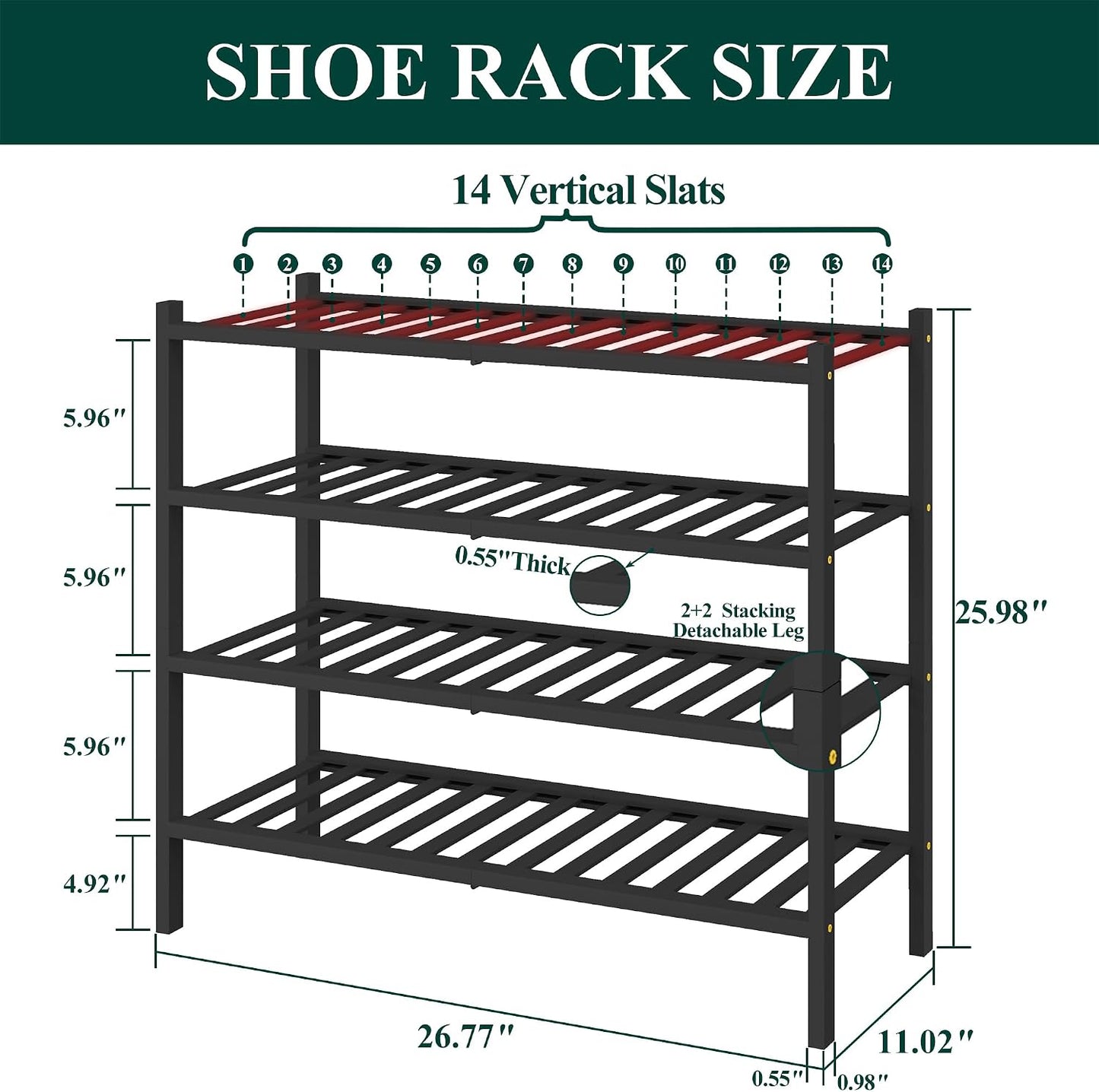 Smiry Bamboo Shoe Rack for Closet, 3 Tier Wooden Shoe Organizer, Stackable Wood Shoe Storage Shelf for Entryway, 14 Vertical Slats, One-piece Heavy-Duty Legs, 26.77"x11.02"x18.31", Natural