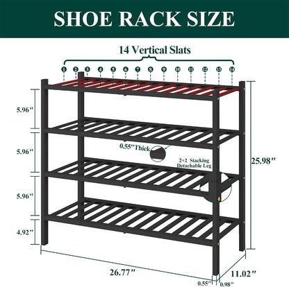 Smiry Bamboo Shoe Rack for Closet, 3 Tier Wooden Shoe Organizer, Stackable Wood Shoe Storage Shelf for Entryway, 14 Vertical Slats, One-piece Heavy-Duty Legs, 26.77"x11.02"x18.31", Natural