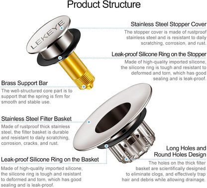 LEKEYE Tub Stopper | Shower Drain Hair Catcher | Pop-up Drain Stopper with Strainer | Bathroom Bathtub Plug | Drain Protector for 1-1/2 to 1-3/4" Bath Drain Hole
