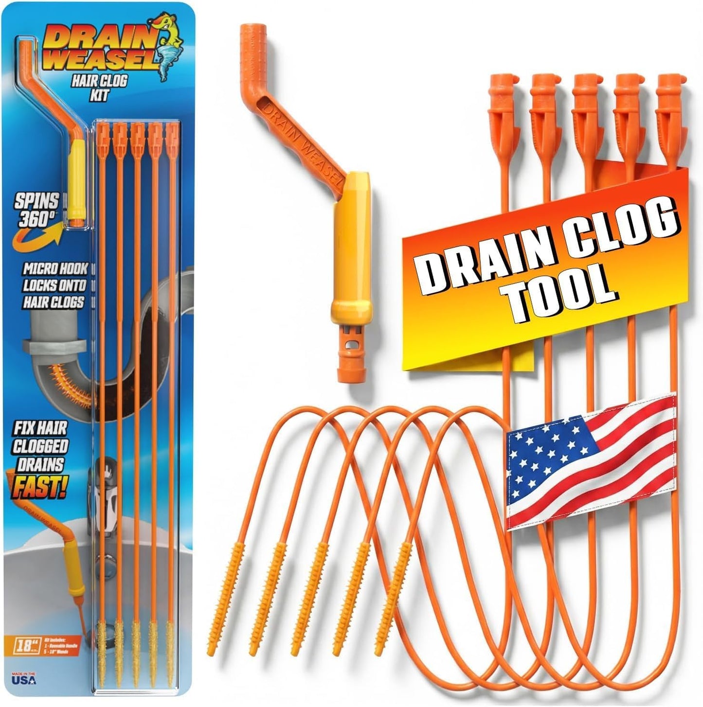 FlexiSnake Drain Weasel Sink Snake Hair Clog Remover Tool Kit, Sink, Pipe, Bathroom, Bathtub Drain Cleaner, 18-inch Long, Flexible, Made in The USA, 3 Pack Wand Refills and Removable Handle