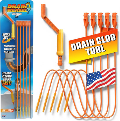 FlexiSnake Drain Weasel Sink Snake Hair Clog Remover Tool Kit, Sink, Pipe, Bathroom, Bathtub Drain Cleaner, 18-inch Long, Flexible, Made in The USA, 3 Pack Wand Refills and Removable Handle