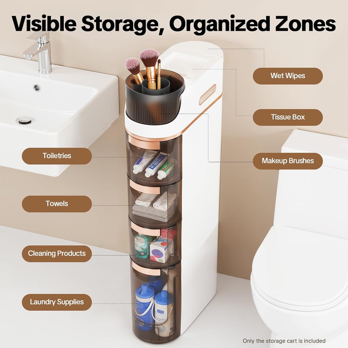 4-Drawer Narrow Slim Storage Cart, Rolling Cart With Drawers,PP Material Waterproof Moisture-Proof, Silent Wheels Top Rotatable Box, Transparent Drawers No Assembly, Bathroom Bedroom