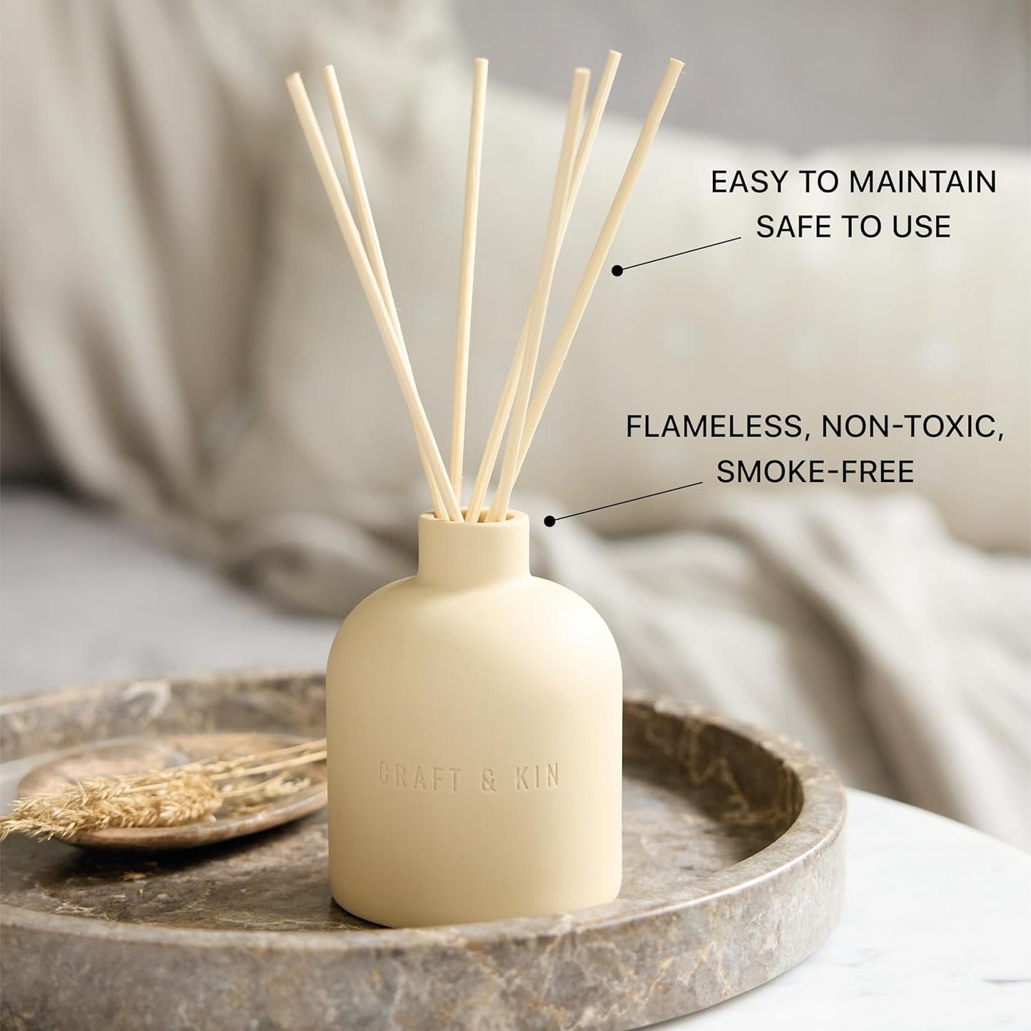 Craft & Kin Reed Diffuser for Home & Bathroom – Neroli & Jasmine Holiday Reed Diffuser Set with Fragrance Sticks, Long-Lasting Alcohol-Free Winter Scent, Earthenware Collection, 6.7oz