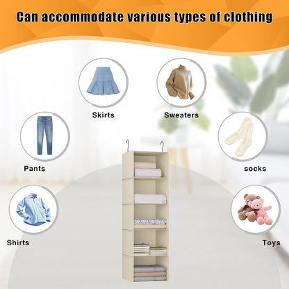 Hanging Closet Organizer 3-Shelf, Oxford Fabric Wardrobe Storage, Gray | Easy-mount foldable design holds clothes, handbags, shoes & accessories; washable Oxford fabric, sturdy and space-saving.