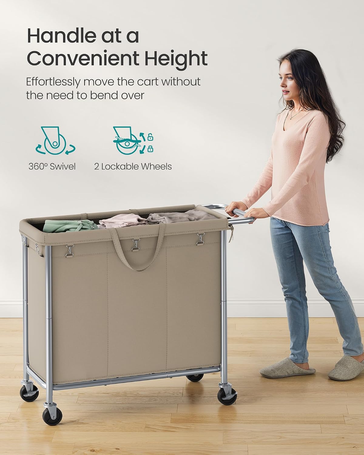 SONGMICS Laundry Basket with Wheels, 3-Section Rolling Laundry Hamper, 52.8 Gallons (200 L), Removable Liner, Steel Frame with Handle, 35.8 x 15.4 x 31.9 Inches, Cream White URLS005W01