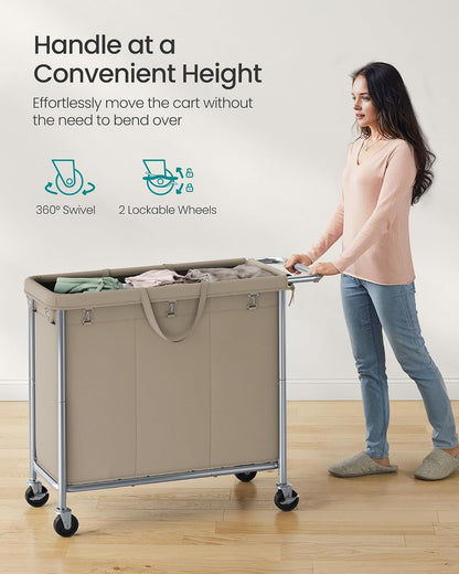 SONGMICS Laundry Basket with Wheels, 3-Section Rolling Laundry Hamper, 52.8 Gallons (200 L), Removable Liner, Steel Frame with Handle, 35.8 x 15.4 x 31.9 Inches, Cream White URLS005W01