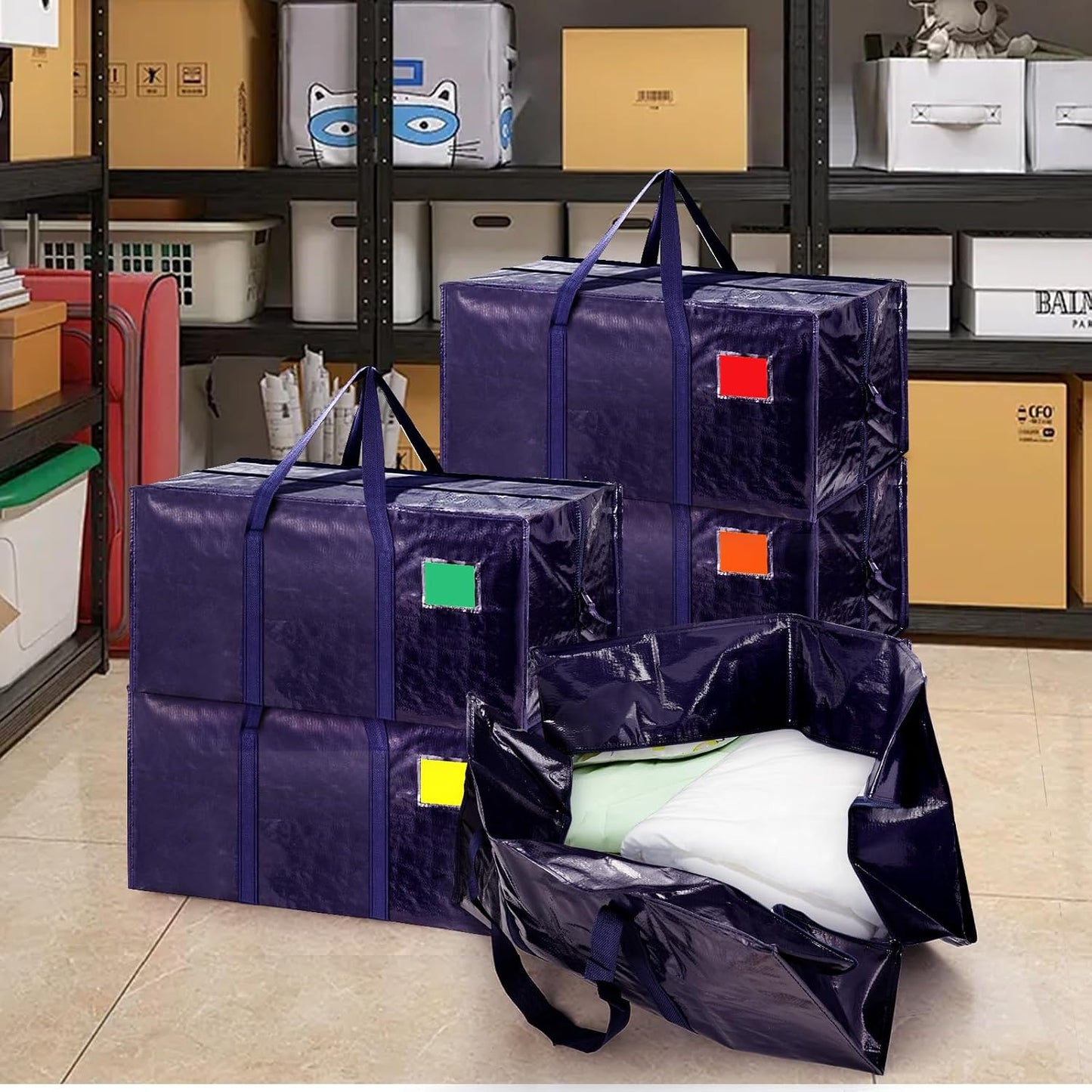 6 Pack Moving Bags Heavy Duty 210GSM with Full-Open Side Zipper, 93L 220lbs Waterproof Foldable Storage Totes for College Dorm Move-In, Moving Boxes Alternative & Home Organization, Blue