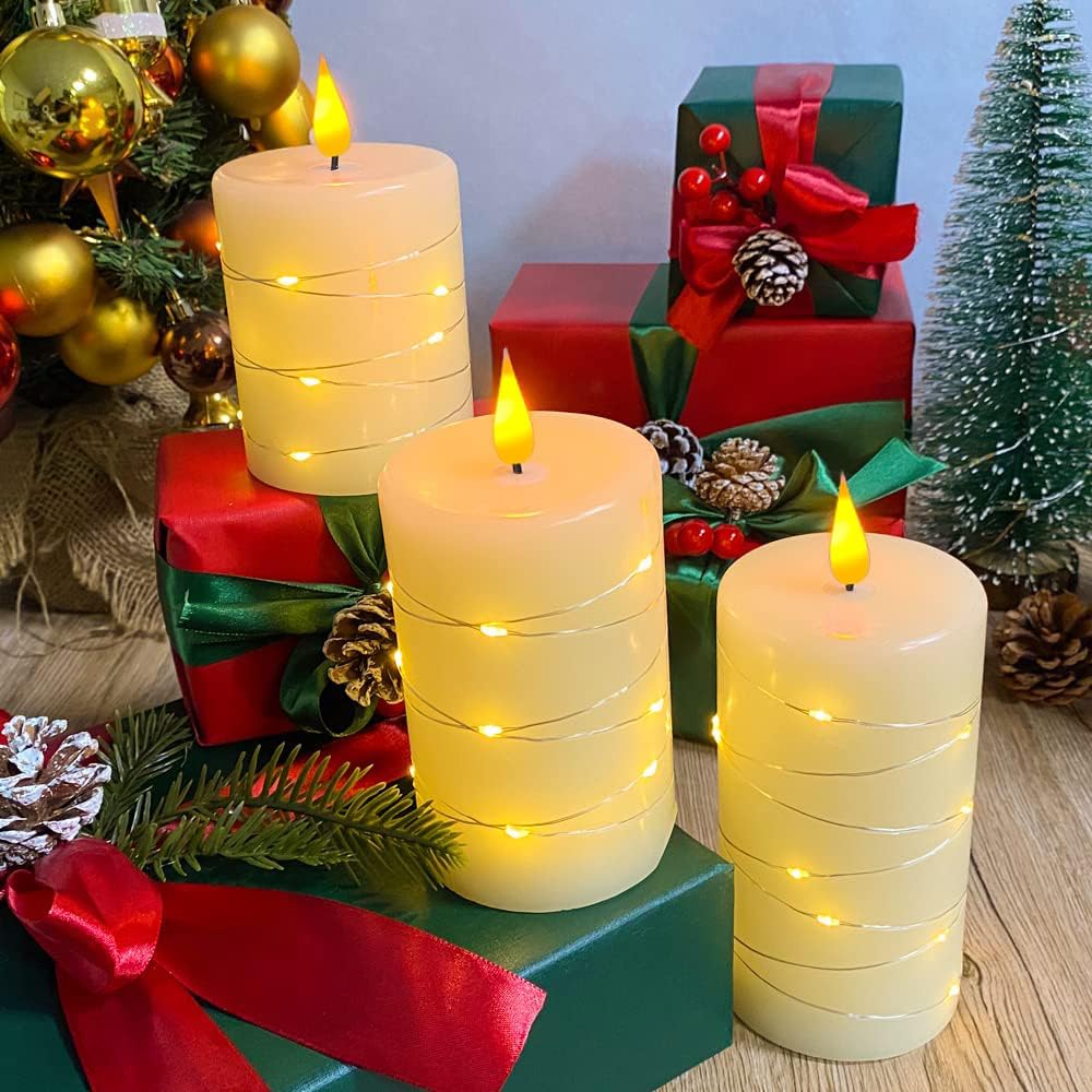 LEDHOLYT Rechargeable Flameless Glass Pillar Candles–Gifts for Women,–Set of 3, Realistic Flickering LED Light,Remote & Timer, Ideal for Living Room, Bedroom & Festival Wedding Home Party Decor