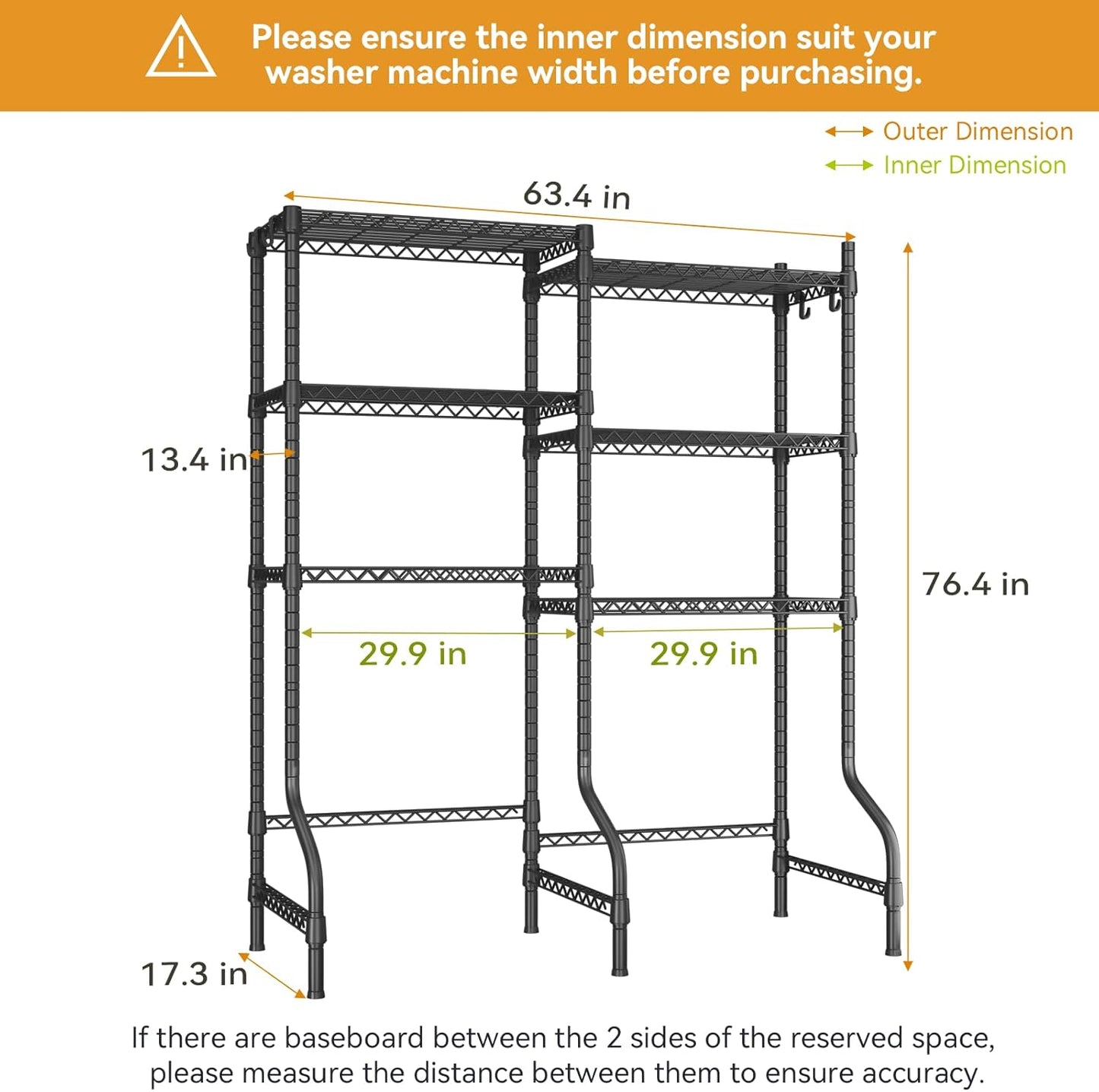 ULIFHOME U15 Over Washer and Dryer Storage Shelves, Laundry Above Washer Dryer Storage Rack Space Saver, 6-Tier Wire Shelf with 4 Hooks for Organization, 63.4"W x 17.3"D x 76.4"H, Holds 568lbs, White