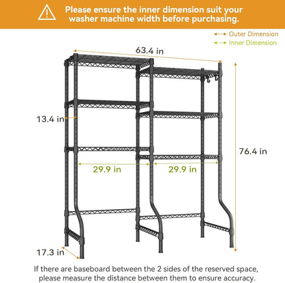 ULIFHOME U15 Over Washer and Dryer Storage Shelves, Laundry Above Washer Dryer Storage Rack Space Saver, 6-Tier Wire Shelf with 4 Hooks for Organization, 63.4"W x 17.3"D x 76.4"H, Holds 568lbs, White