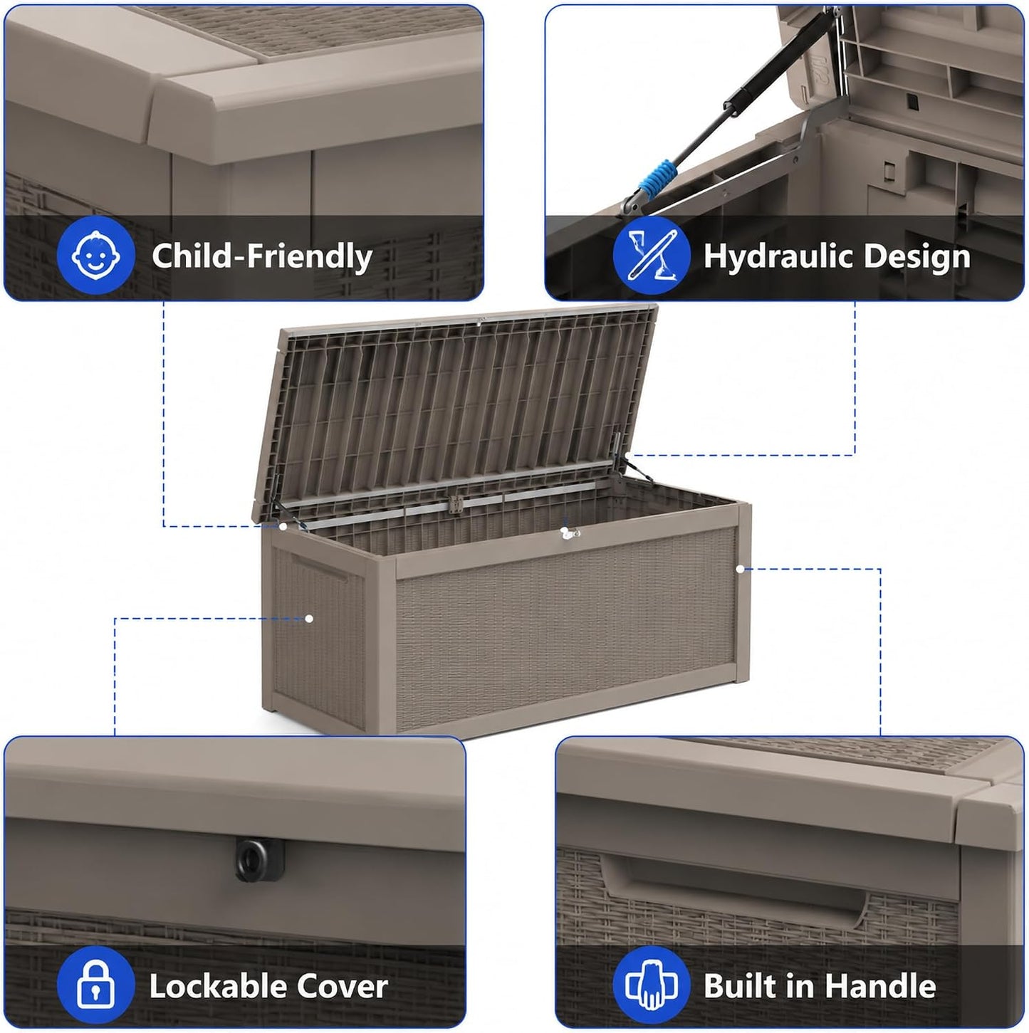 270 Gallon Lockable Resin Outdoor Storage Box, Waterproof & Weather Resistant Deck Box for Patio Cushion, Garden Tools & Pool Accessories, Black