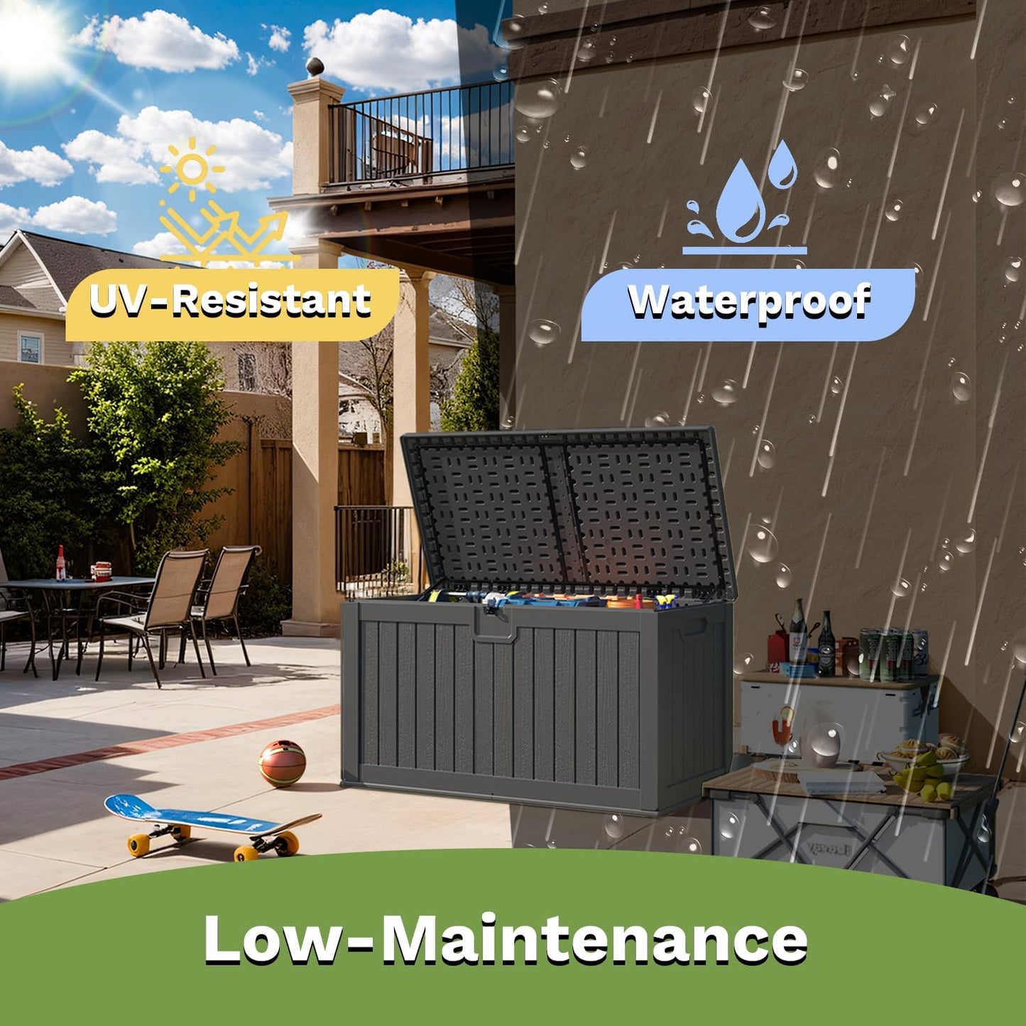 Patiowell 100 Gallon Resin Deck Box, Waterproof Large Outdoor Storage Box for Patio Furniture and Garden Tools, Black