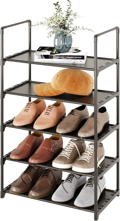 Upgrade Stackable Small Shoe Rack, 4-Tier Shoe Shelf Storage Organizer with Handle for Entryway, Hallway and Closet (Black)