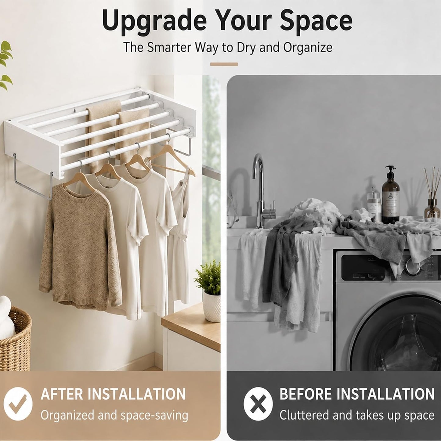 Wall Mounted Foldable Clothes Drying Rack, Collapsible Laundry Drying Clothes Rack, Space Saving Clothing & Towels Retractable Drying Rack with Wall Template Indoor & Outdoor Balcony (White,W23.6'')