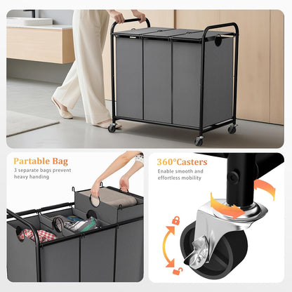 180L (47.55 Gal) Laundry Sorter 3 Section, Rolling Laundry Basket with Lockable Wheels and Lid, Laundry Hamper with 3 Separated Removable Bags Dirty Clothes Hamper for Laundry Room Organizer, Black