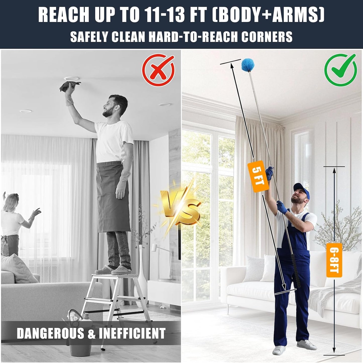 Lightweight Cobweb Duster with Extension Pole – 8FT Long Reach Brush Kit, Washable Head for Ceiling Fan, Spider Webs, Dust – Cleans Up to 15FT, for Furniture, Eaves, Vents, Roof