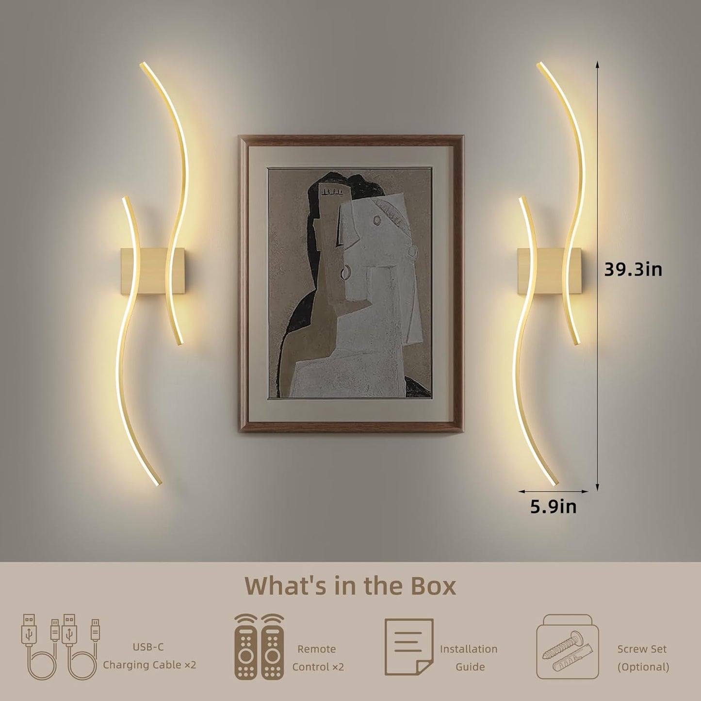 Battery Operated Wall Sconce Set of 2, Dimmable Modern LED Rechargeable Wall Light with Remote Control, Wall Decor for Living Room, Hallway, Quick Install, No Electrician Required
