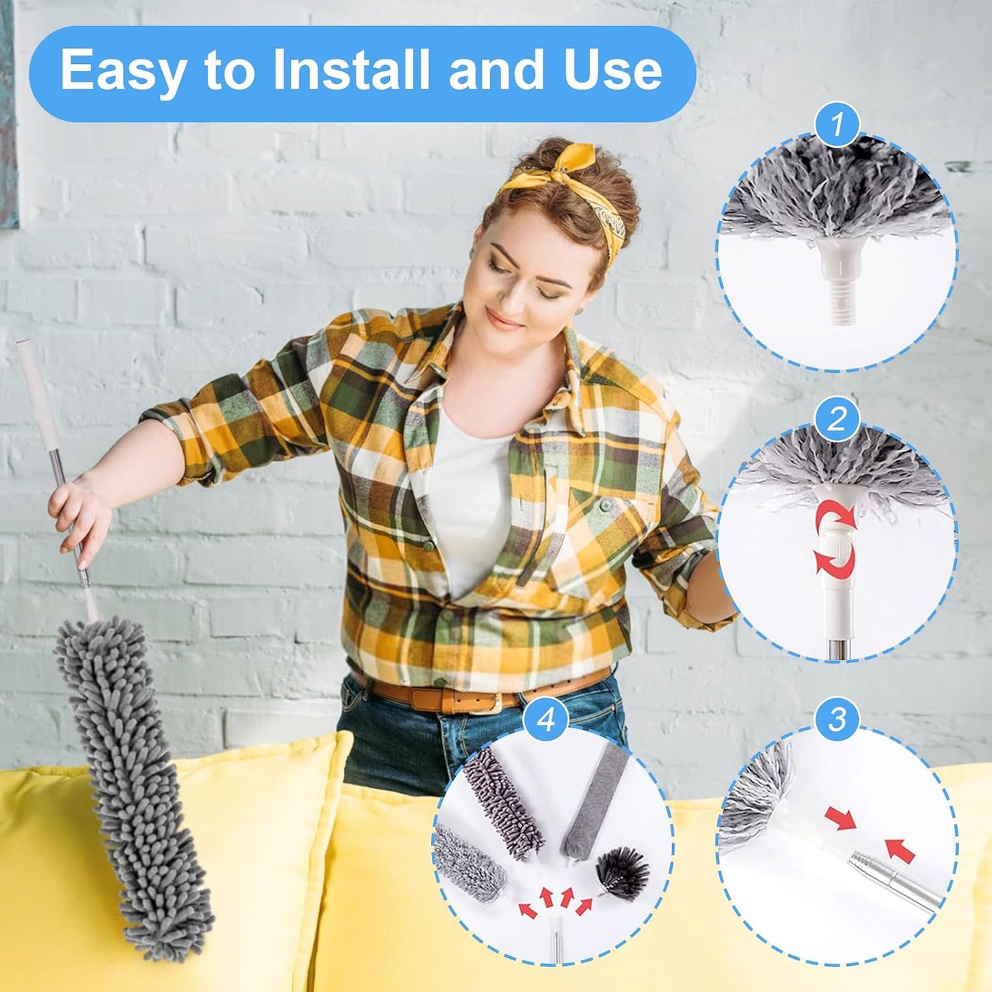Duster with Extension Pole - Blue | 5-in-1 Kit Dusters for Cleaning, Extendable Duster with 100 Inches, Microfiber Dusters for Ceiling Fans, Furniture, Blinds