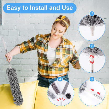 Duster with Extension Pole - Blue | 5-in-1 Kit Dusters for Cleaning, Extendable Duster with 100 Inches, Microfiber Dusters for Ceiling Fans, Furniture, Blinds