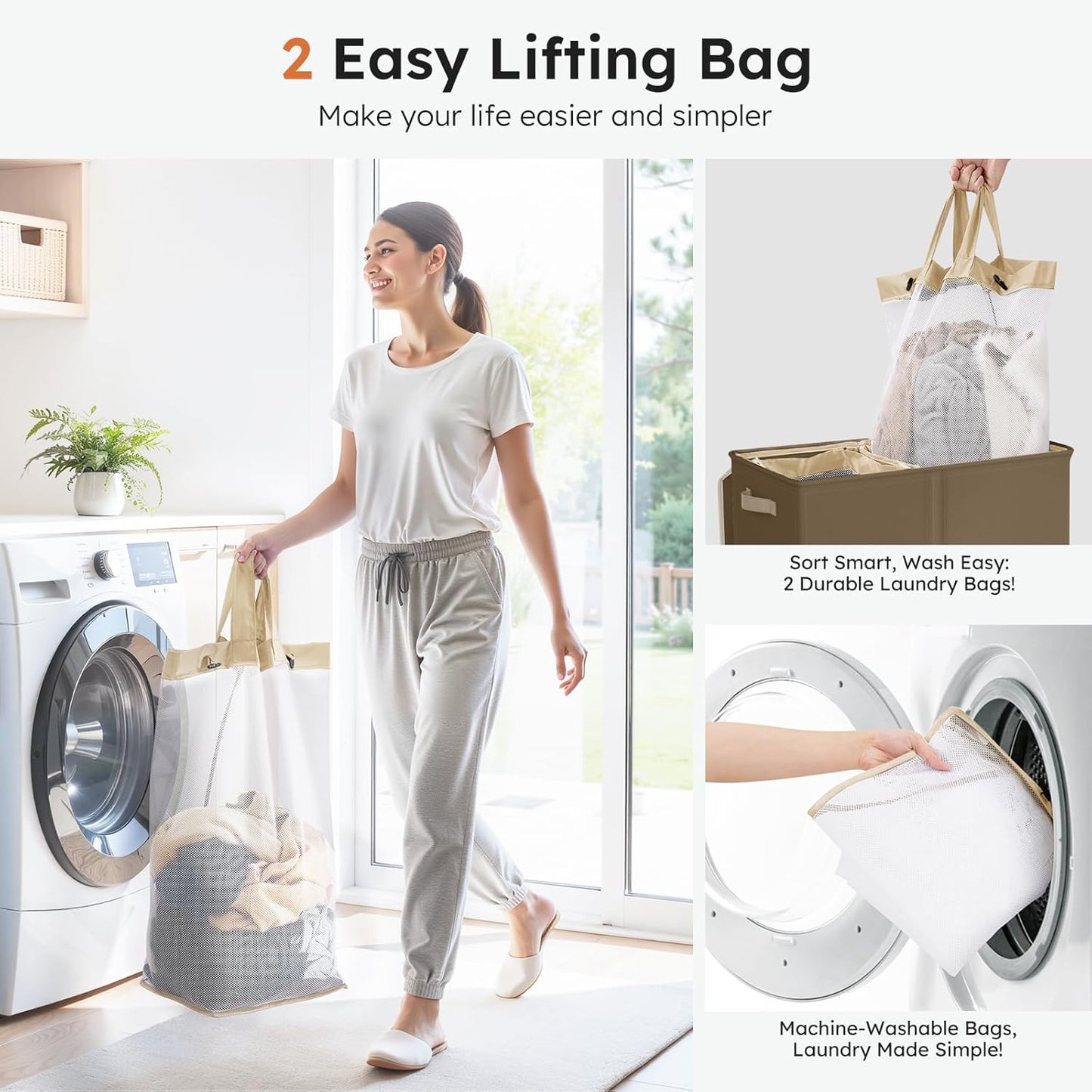 SOLEDI Luxury Double Laundry Hamper with Lid and Removable Bags, 38.3 Gal Large Laundry Bin, Laundry Basket 2 Sections, Collapsible Clothes Hamper for Bedroom, Laundry Room, Bathroom, Off-white