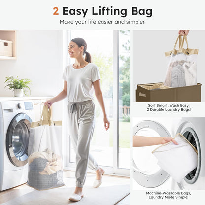 SOLEDI Luxury Double Laundry Hamper with Lid and Removable Bags, 38.3 Gal Large Laundry Bin, Laundry Basket 2 Sections, Collapsible Clothes Hamper for Bedroom, Laundry Room, Bathroom, Off-white