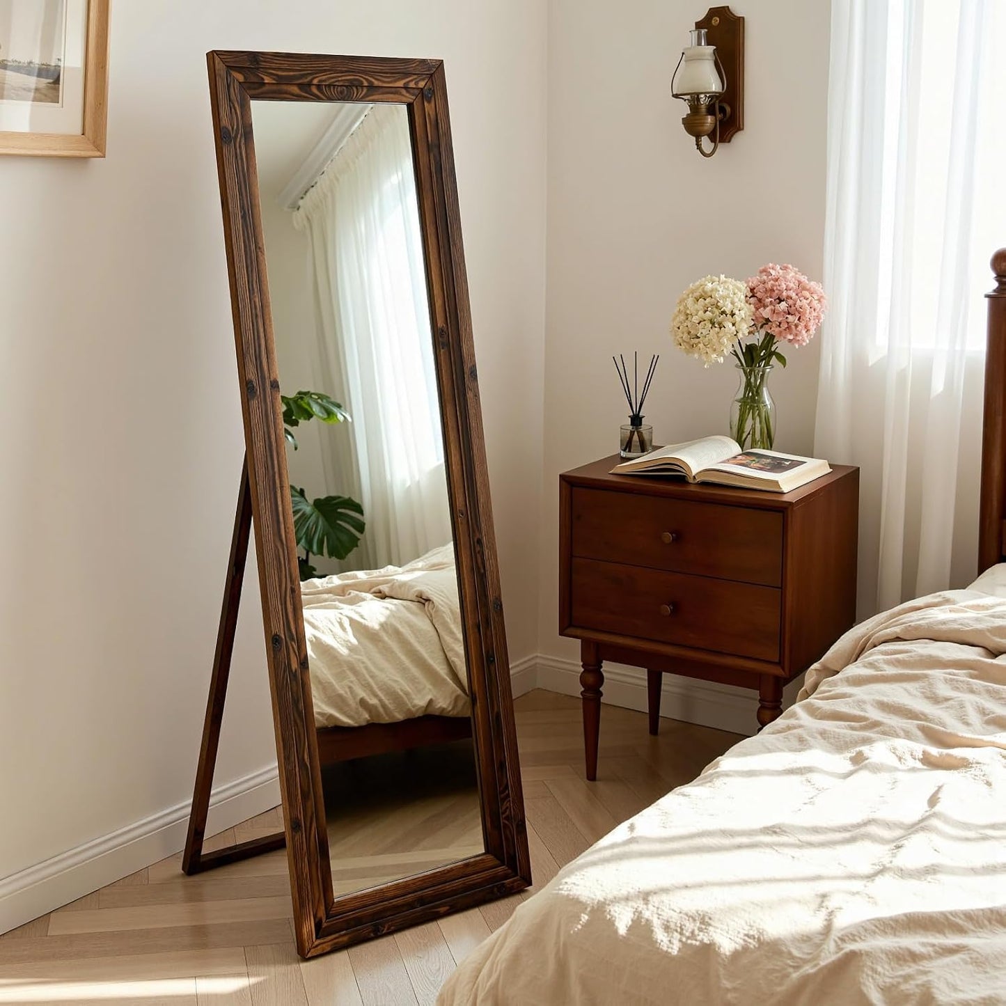 Full Body Mirror with Wooden Frame,Full Length Standing Floor Mirror for Farmhouse, Bathroom, Bedroom Decor, Hanging or Leaning Wall-Mounted,Brown