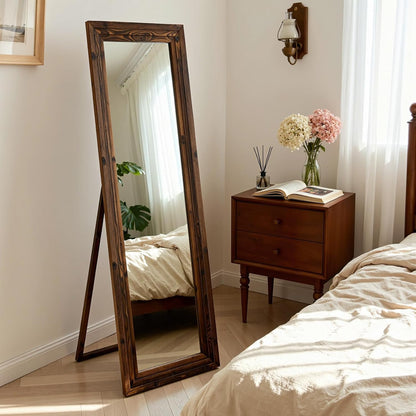Full Body Mirror with Wooden Frame,Full Length Standing Floor Mirror for Farmhouse, Bathroom, Bedroom Decor, Hanging or Leaning Wall-Mounted,Brown