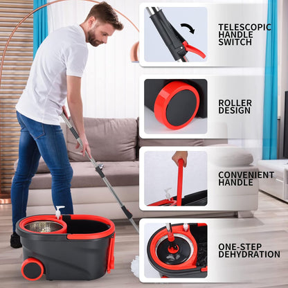 Spin Mop and Bucket with Wringer Set, 360° Spinning Mop Bucket System with 3 Microfiber Mop Replacement Heads and 50" Stainless Steel Adjustable Handle for Floor Cleaning