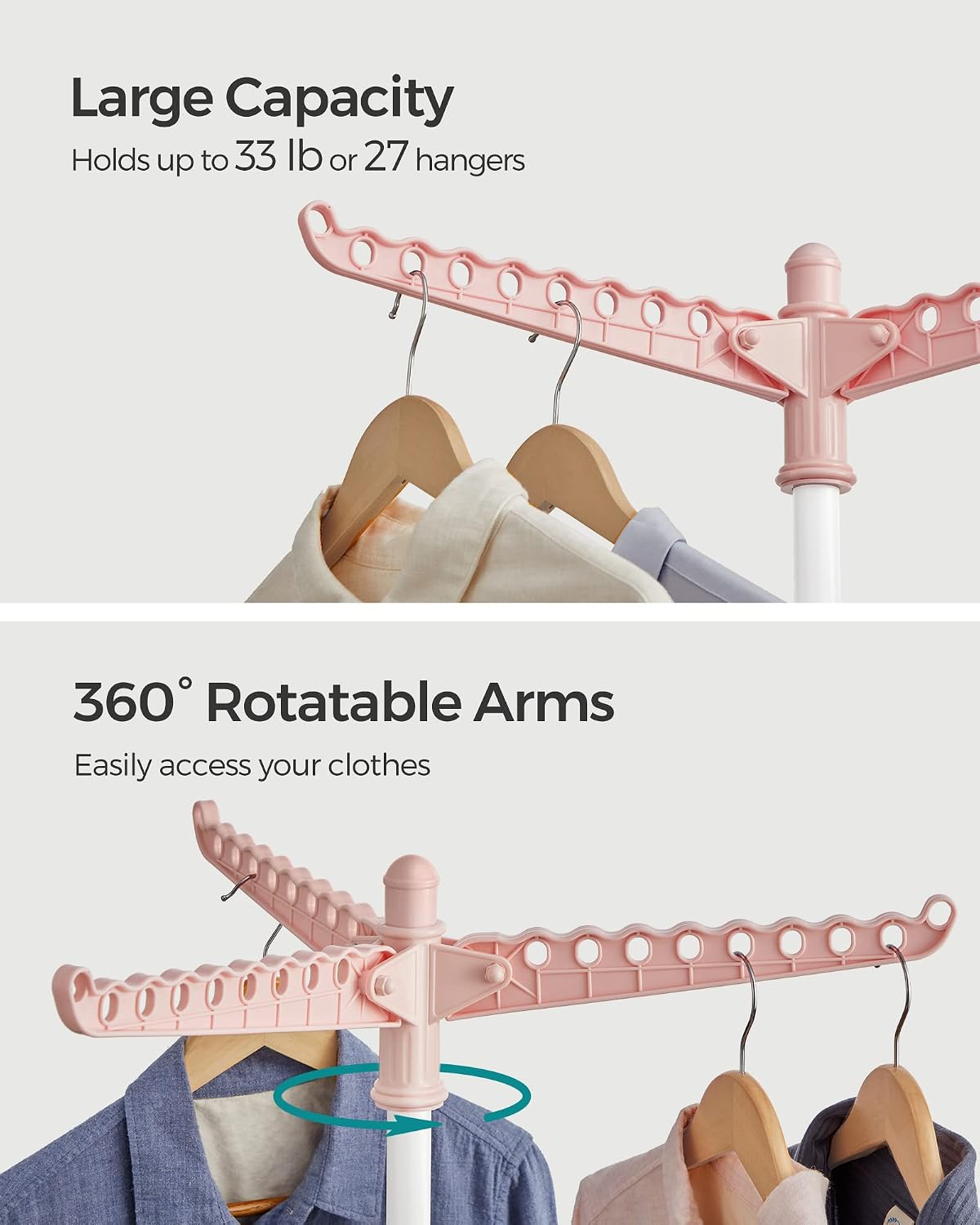 SONGMICS 2-Tier Clothes Drying Rack, 72-Inch Folding Laundry Drying Rack with 3 Rotatable Arms for Hangers, 24 Clips, Stainless Steel, for 27 Pieces of Clothes, Blue and Silver ULLR512Q01