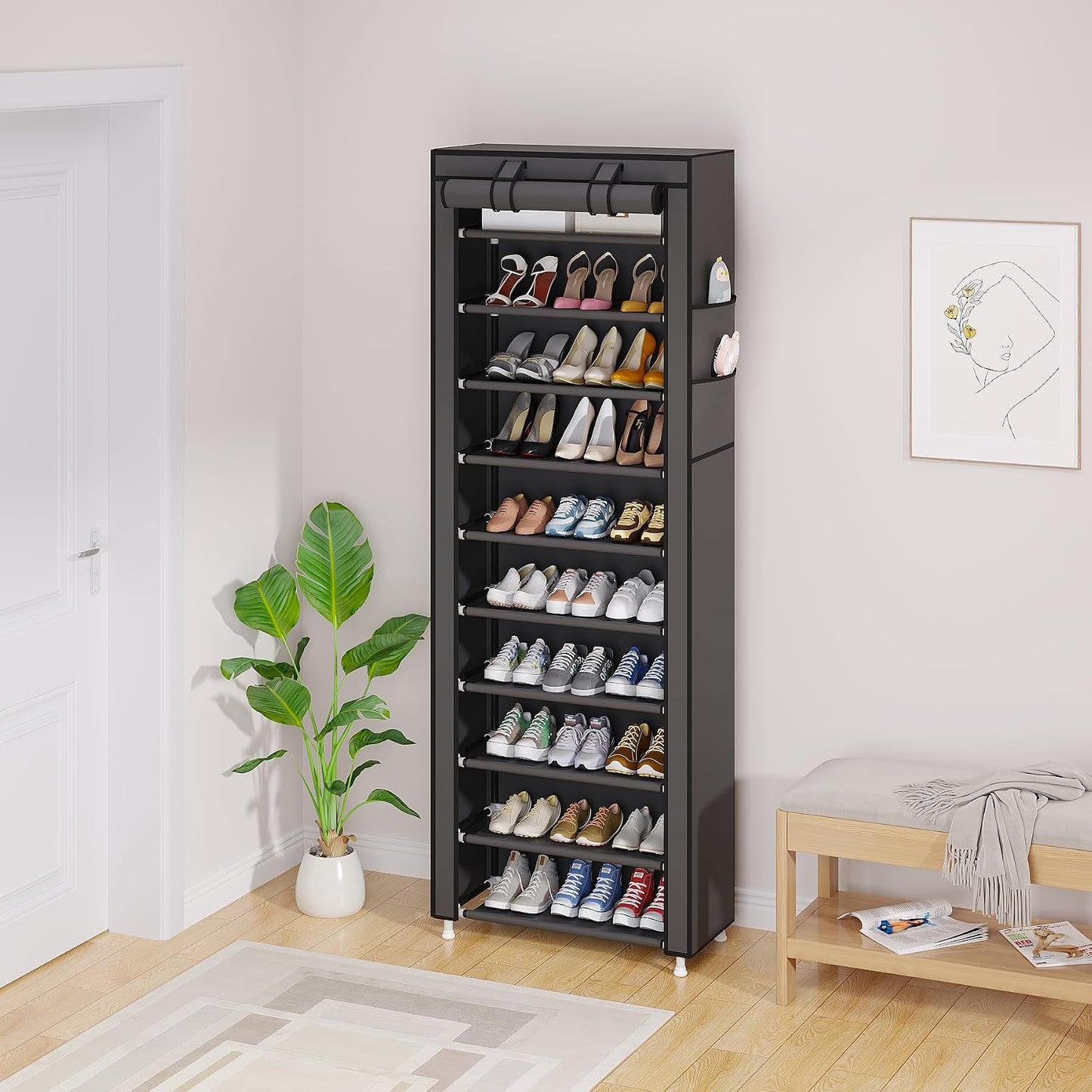 UDEAR 10-Tier Free Standing Shoe Rack Sturdy Shoe Rack Organizer for Closet Entryway Stackable Shoe Shelf with Dustproof Cover,Black