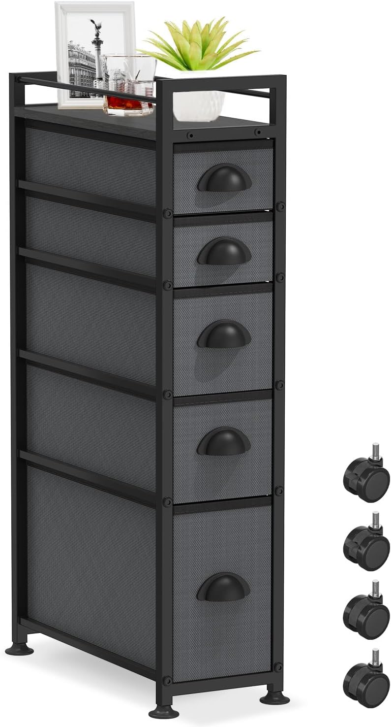 LASZOLA 5 Drawer Narrow Dresser Slim Cabinet Skinny Storage Tower Chest, Ideal for Small Spaces Bathroom, Between Washer and Dryer, Lightweight Mobile on Wheels, Sturdy Fabric Drawers, Black