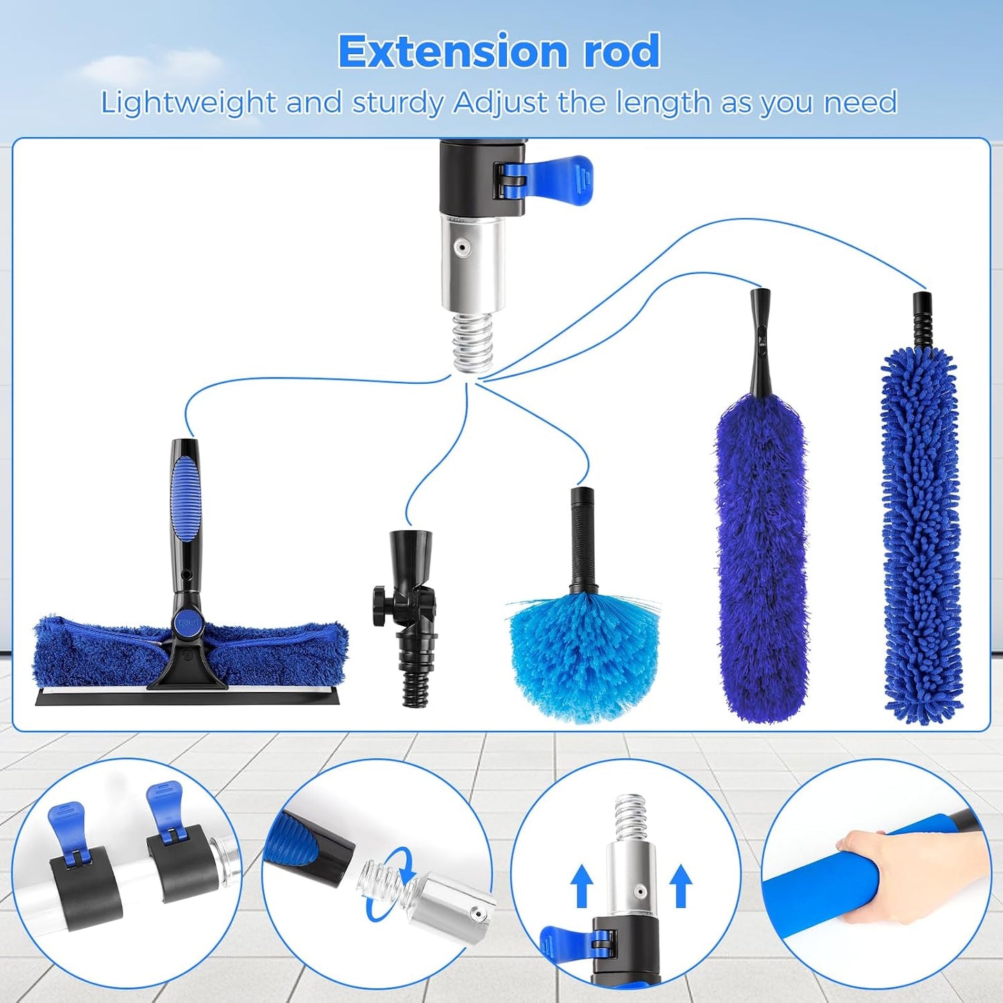 wlich 26ft High Reach Duster Kit, Aluminum 5-20ft Fan & Window Cleaner Set, Versatile Dusting Set with 5 Replaceable Heads for Cleaning Fans, Windows, and Hard-to-Reach Areas Outdoors Without Ladder
