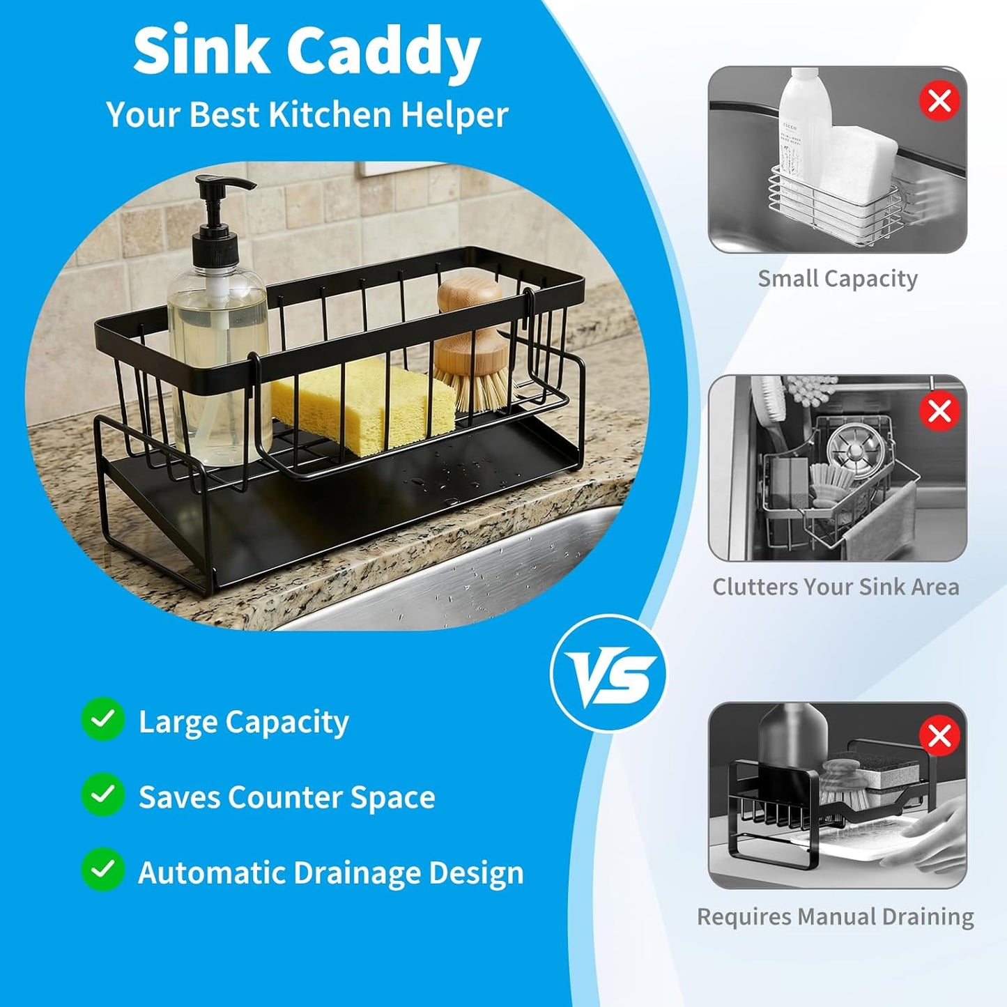 Dish Soap Holder - Kitchen Sink Caddy Organizer, Kitchen Countertop Organizer, with Stainless Steel Self Drain Tray, Rust-Free, for Sponge, Dish Soap Dispenser and Brush Storage Accessories, Black