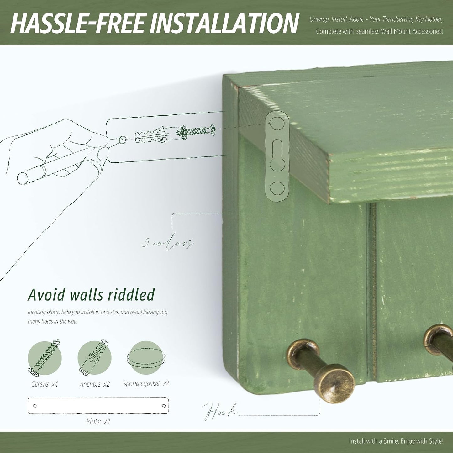 Rebee Vision Small Key Holder Wall Mount for Farmhouse Decor - Key and Mail Holder for Wall with Shelf and 4 Key Hooks - Room Decor Aesthetic (Distressed Blue)