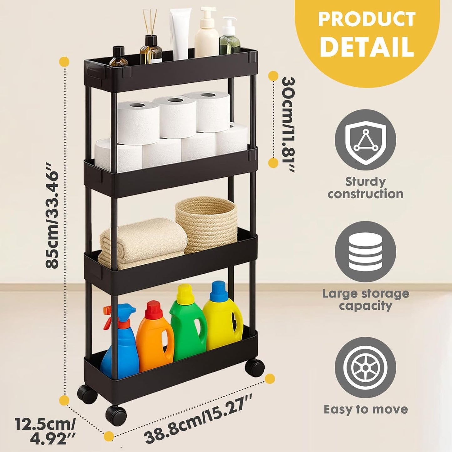 ShellKingdom 4 Tier Bathroom Storage Organizer, Slim Rolling Storage Cart for Narrow Space, Mobile Shelving Unit with Lockable Wheels and Hooks for Bathroom, Kitchen, Laundry Movable Shelf (Green)