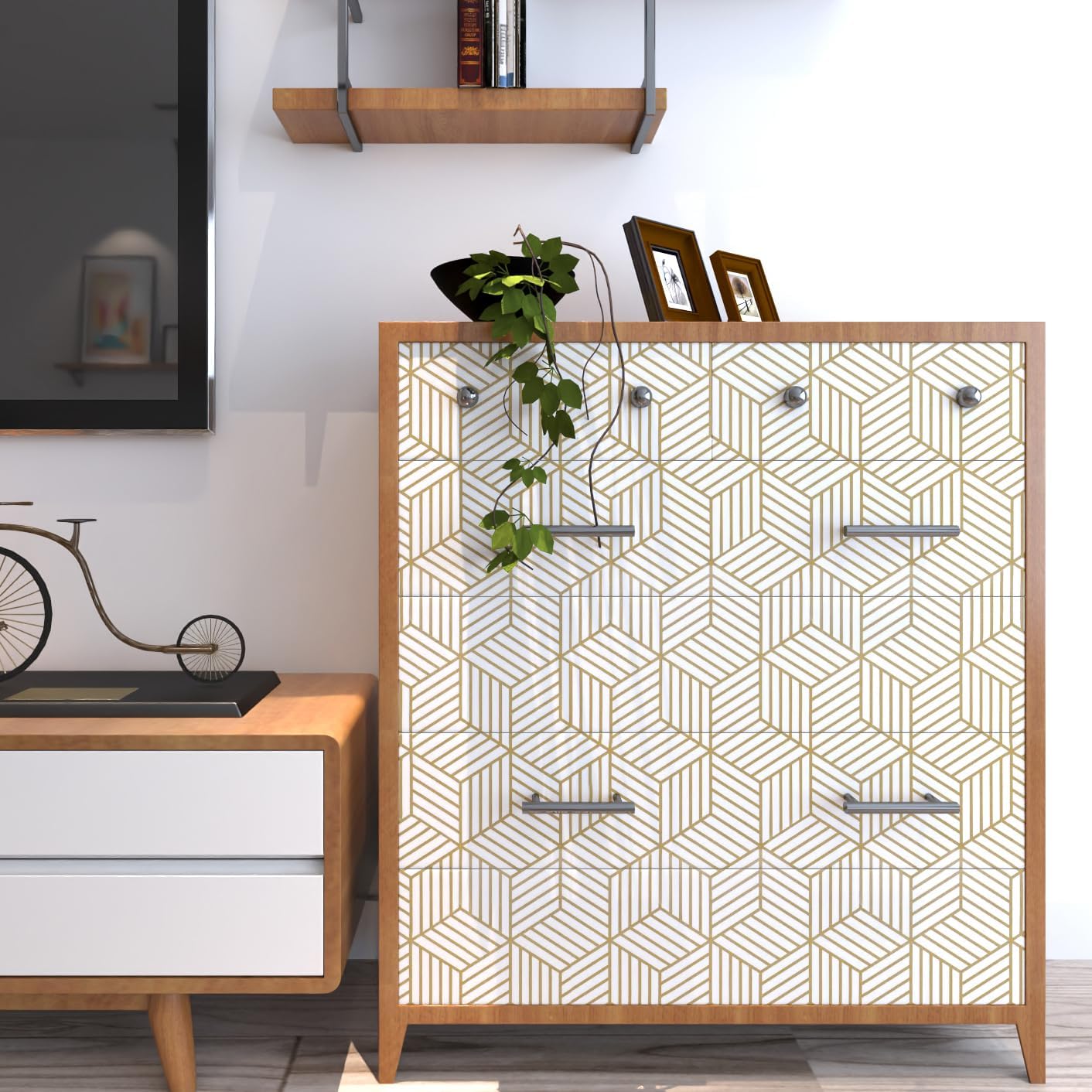 MelunMer Geometric Peel and Stick Wallpaper Gold 118In L 17.7In W Self Adhesive Removable Wallpaper for Bedroom/Bathroom Waterproof Modern Contact Paper for Cabinets Gold Contact Paper Shelf Liner